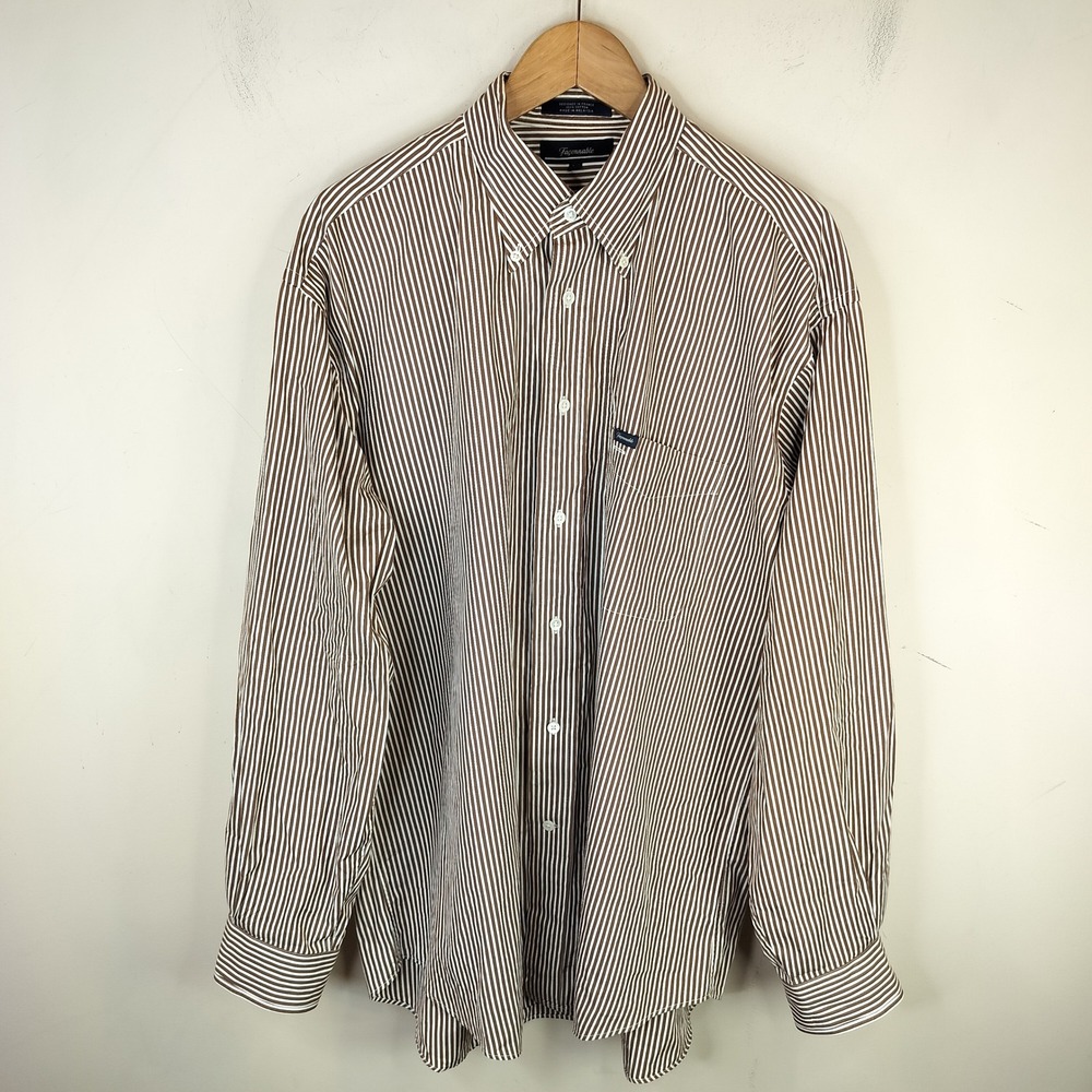 Faconnable France Button Down Shirt Mens XL Striped Classic Brown White Cotton